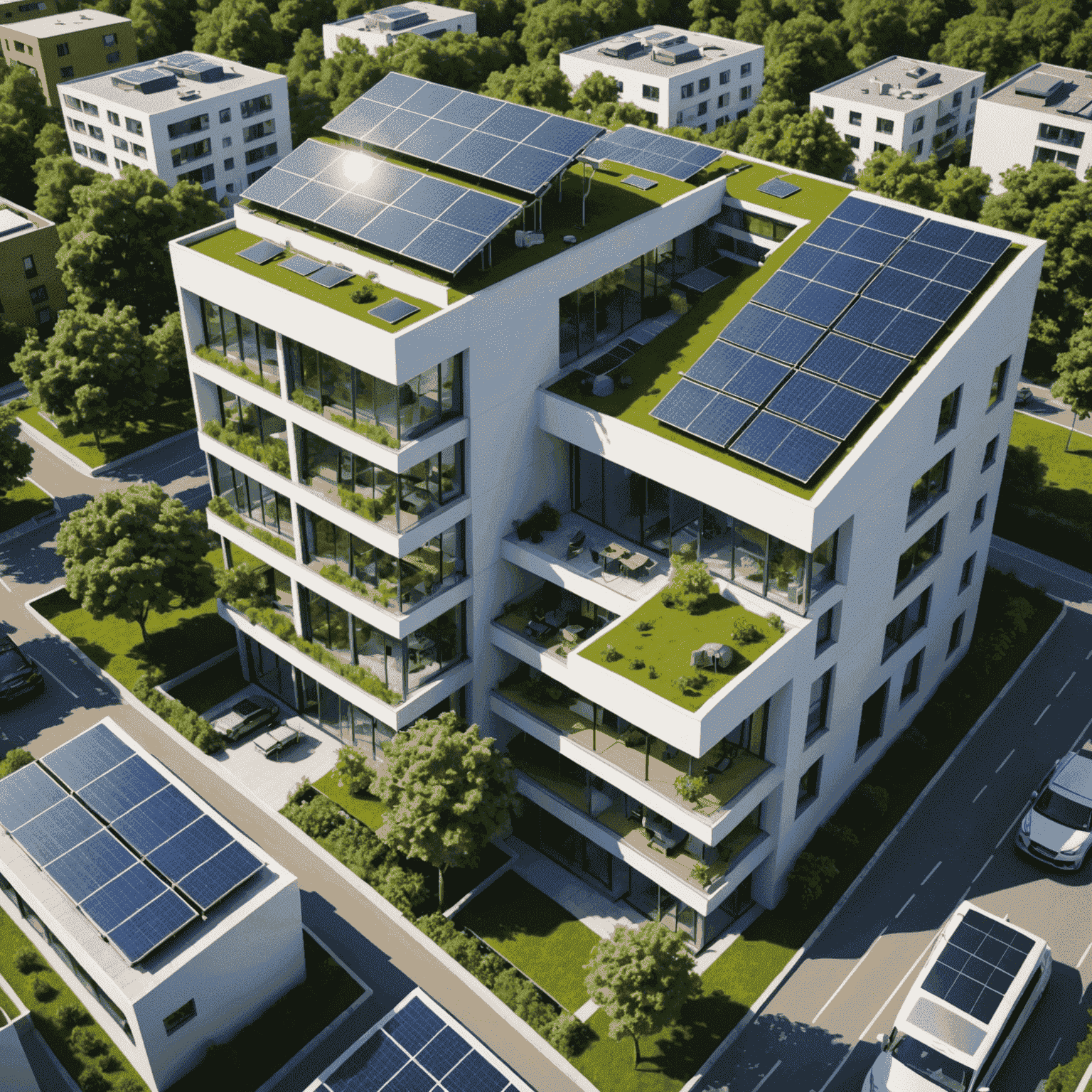 Illustration of a modern, energy-efficient building with solar panels and green surroundings, showcasing the integration of sustainable technologies in urban architecture