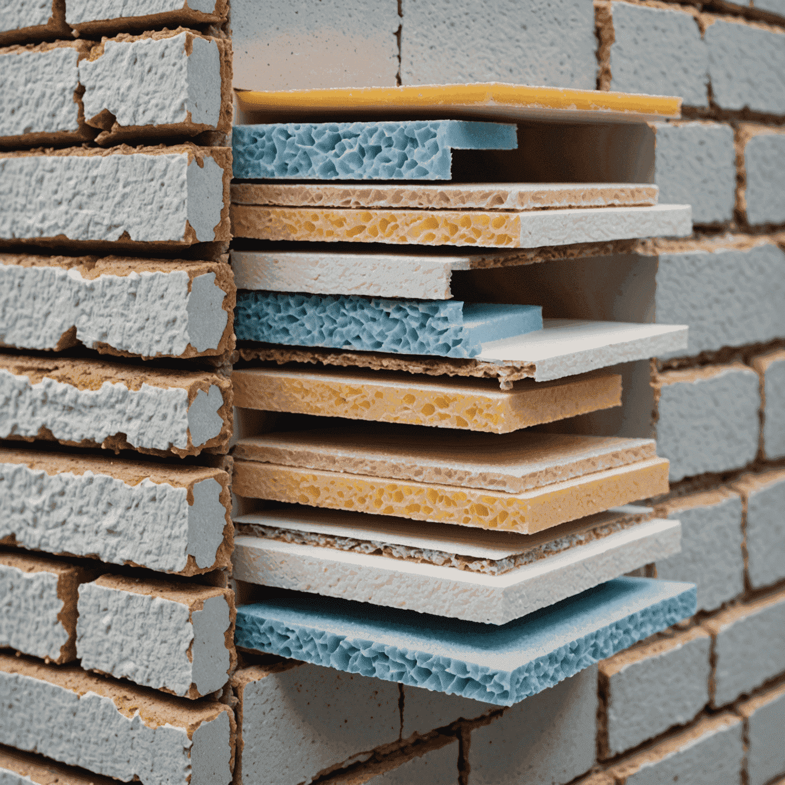 A cross-section of a wall showing layers of innovative insulation materials, including aerogel, vacuum insulated panels, and phase change materials. The image highlights the thinness and effectiveness of these new technologies compared to traditional insulation.