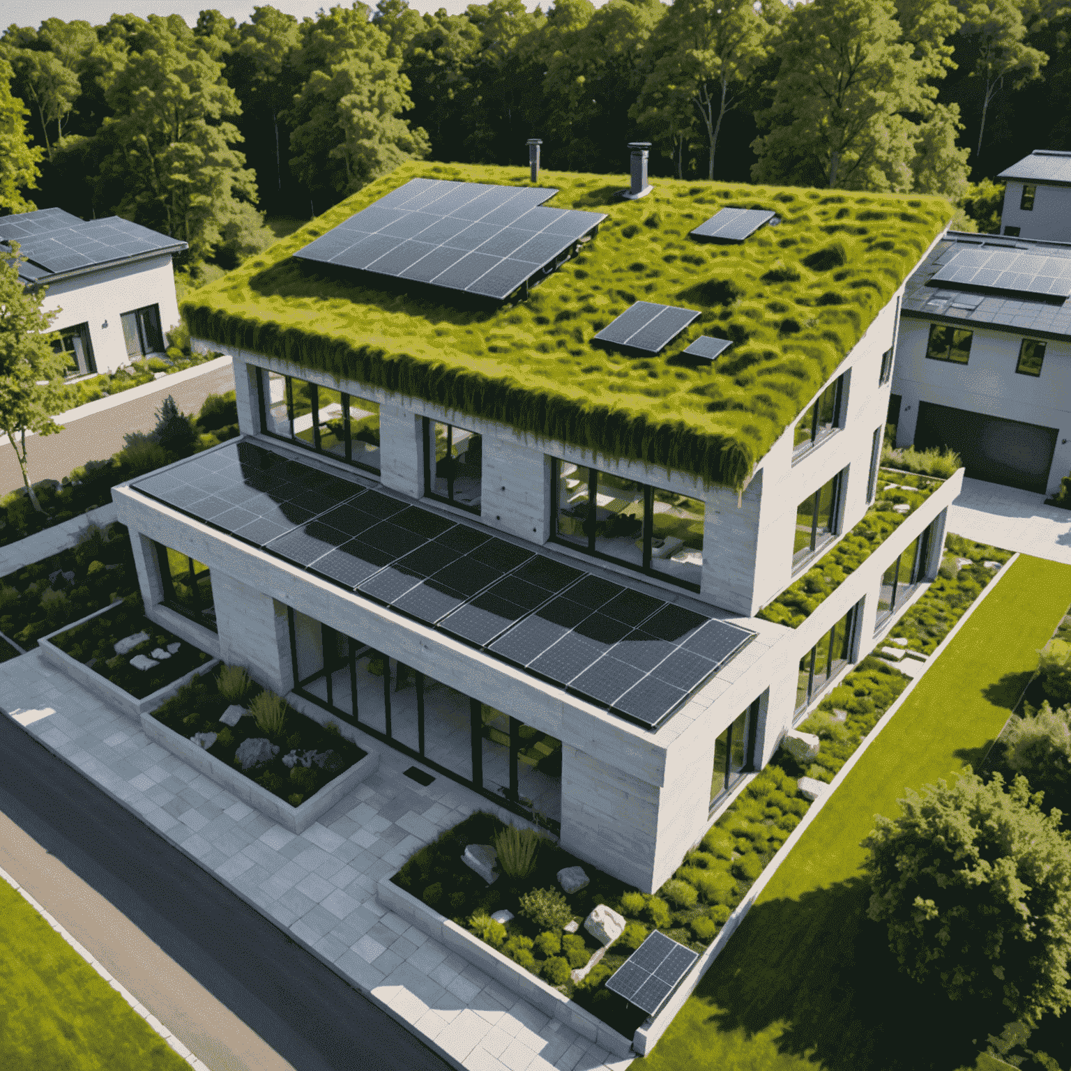 A modern house with a green roof covered in vegetation, solar panels, and reflective materials, showcasing various sustainable roofing solutions