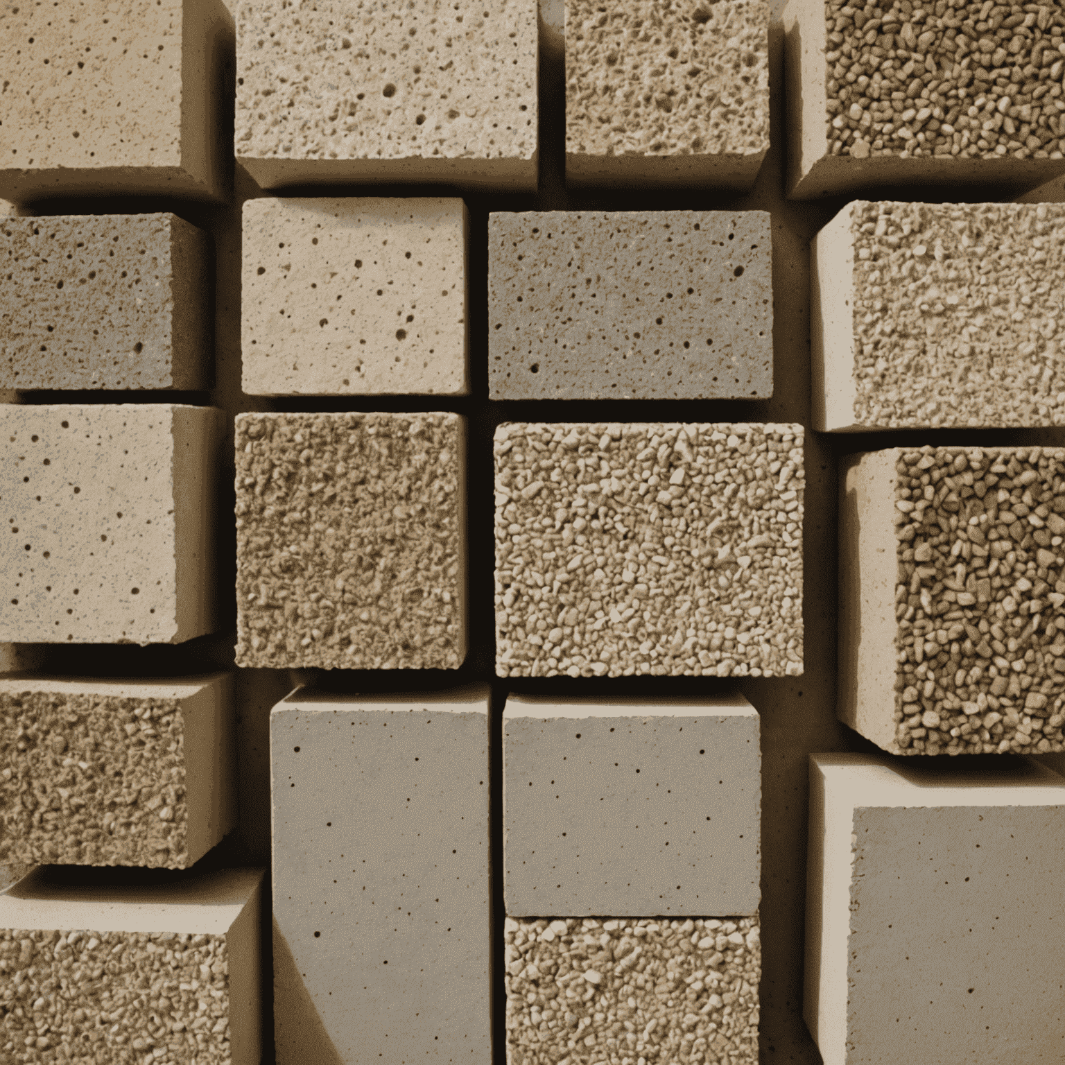 Various eco-friendly concrete alternatives displayed side by side, including hempcrete blocks, recycled aggregate concrete, and geopolymer concrete samples