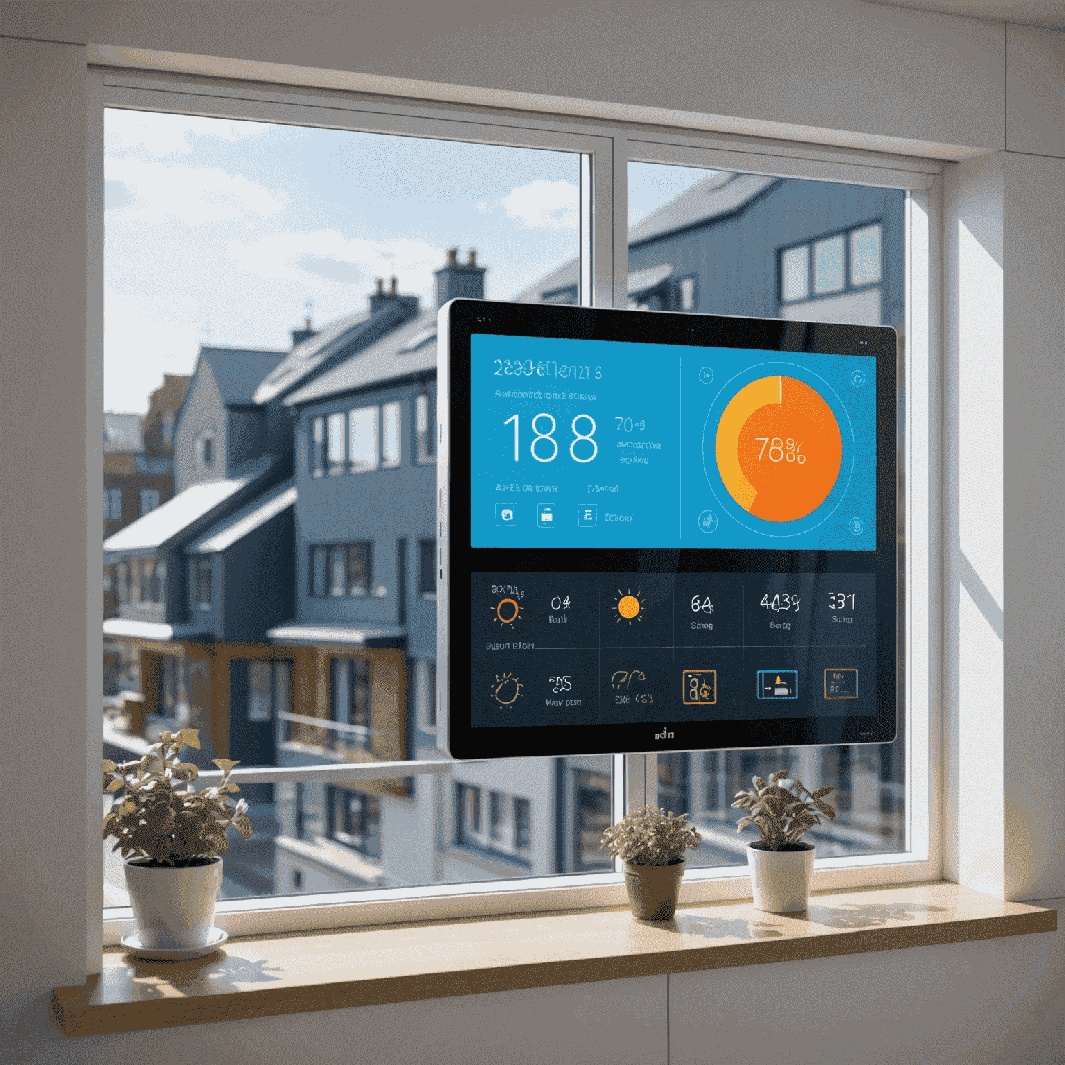 Illustration of a smart window with integrated sensors and a digital display showing energy savings