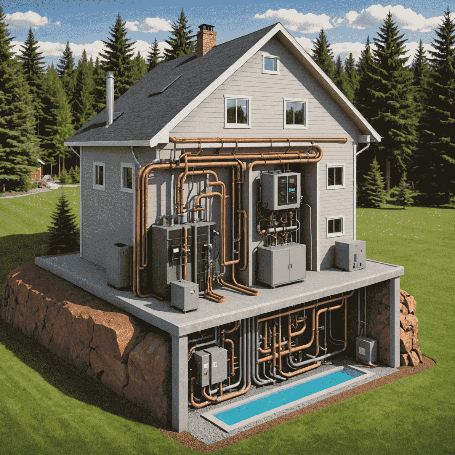 Diagram of a geothermal heat pump system installed in a Canadian home, showing underground loops and indoor components