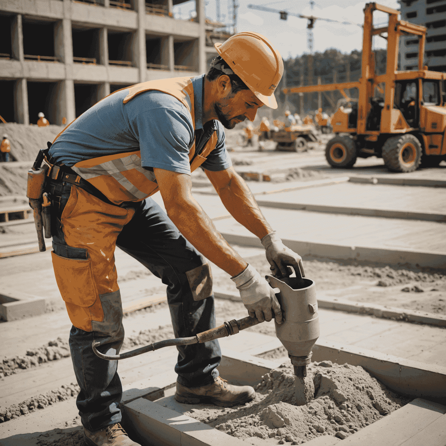 A construction worker pouring geopolymer concrete at a building site, showcasing its application in real-world scenarios