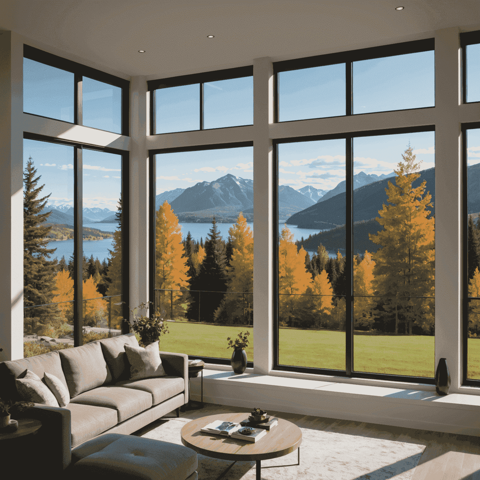 Smart windows with adjustable tint responding to sunlight, installed in a modern Canadian home with a picturesque view