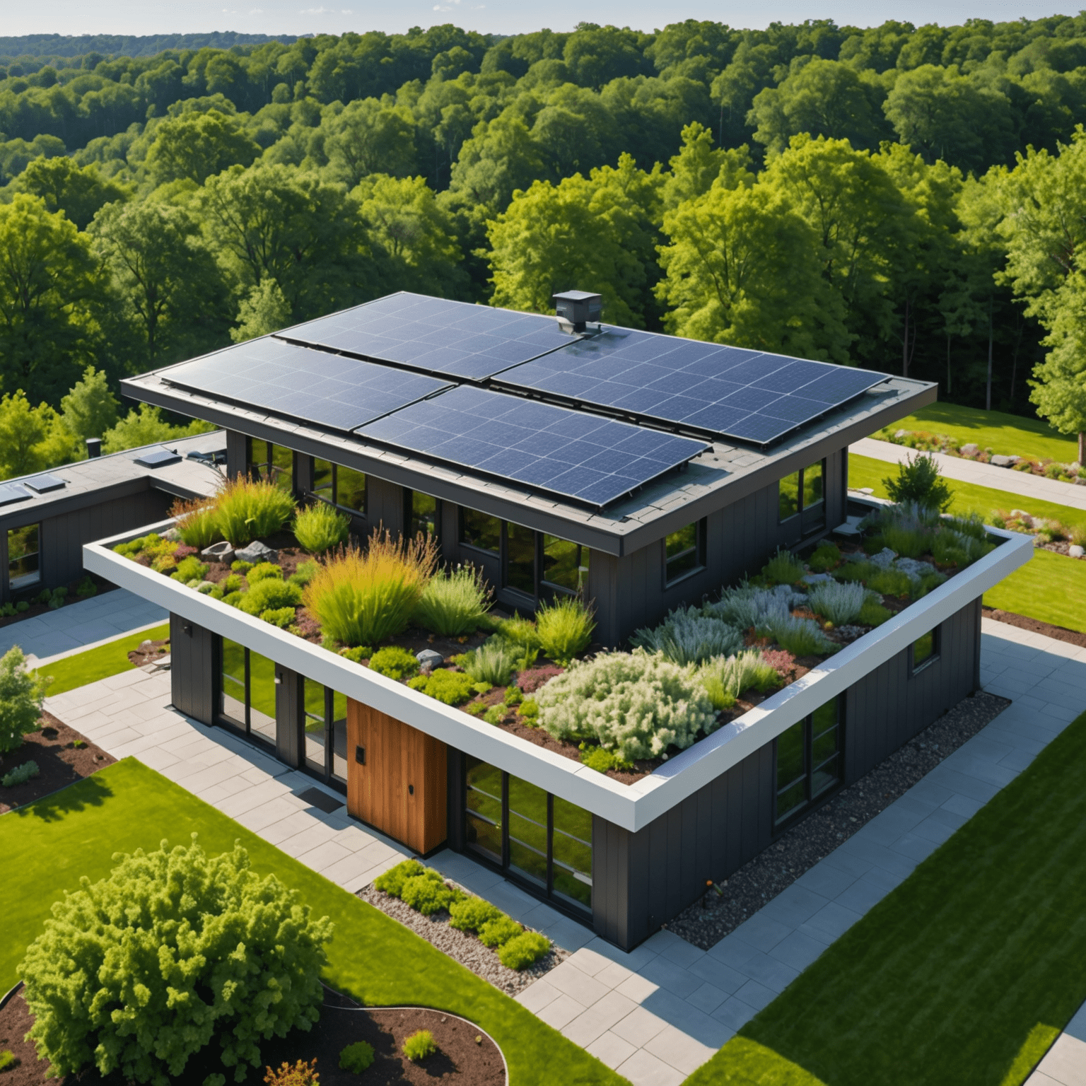 A green roof with solar panels and native plants, demonstrating sustainable roofing solutions