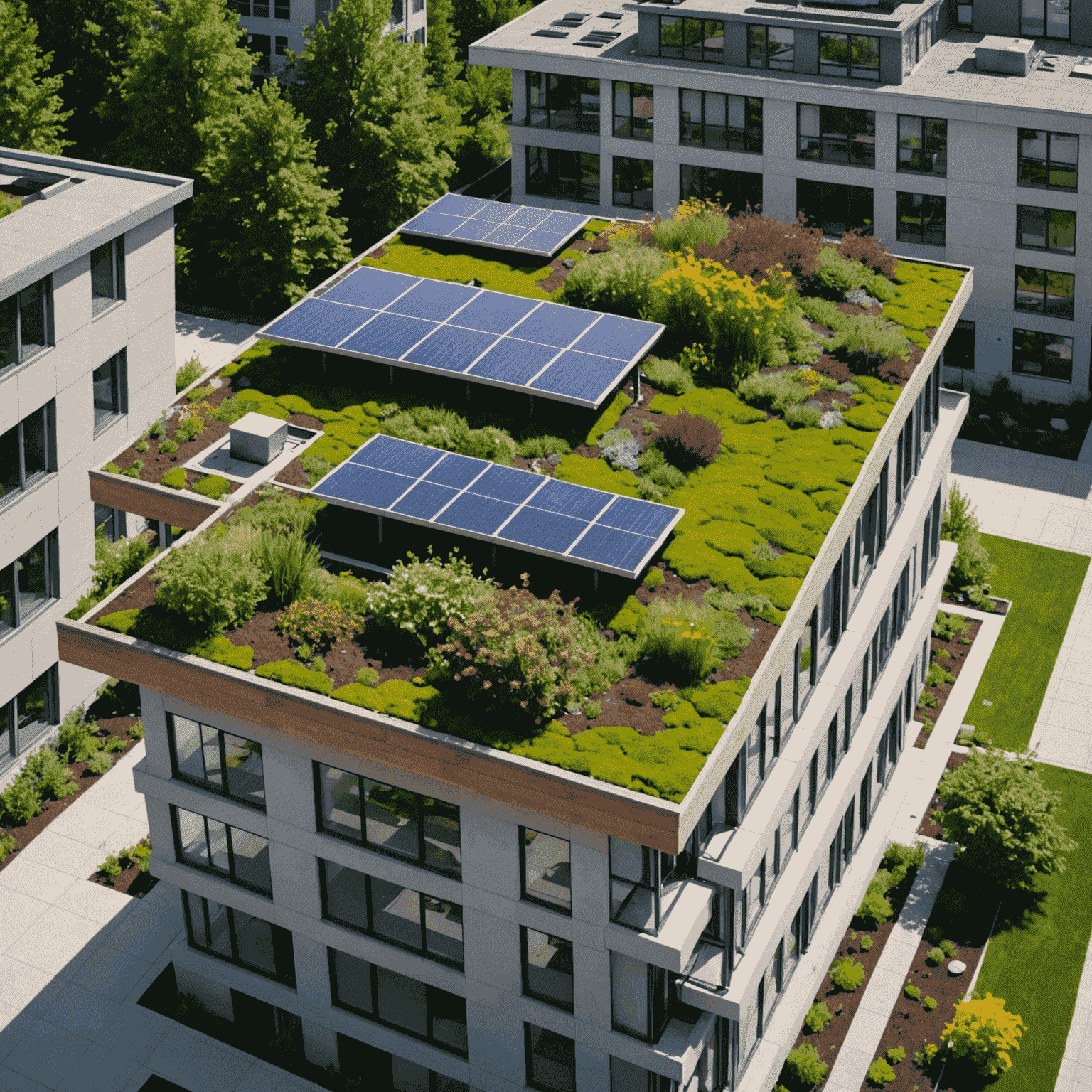 Eco-friendly green roof with solar panels and native plants, installed on a modern Canadian residential building